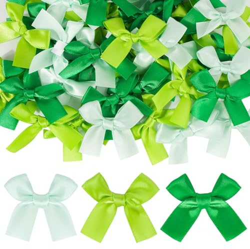 BOFUNX 60pcs Mini Fiocchi Nastro Fiocco in Raso Verde Fiocchi Decorativi con Adesivi per Bomboniere Matrimonio Battesimo Compleanno Artigianato Cucito Fai da Te