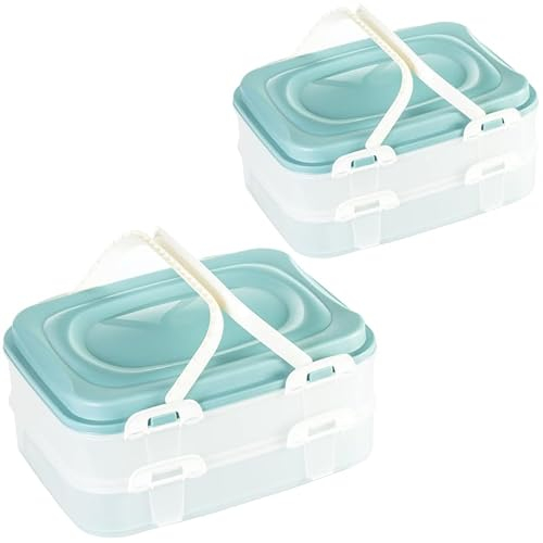 LIVINJA Kuchen Transportbox & Cupcake/Muffin Transportbox - 2er Partycontainer, Kuchenbehälter mit praktischem Hebeeinsatz, Clickverschlüssen & Tragegriffen, 2 Etagen, 40x30x18cm, Made in EU, Grün