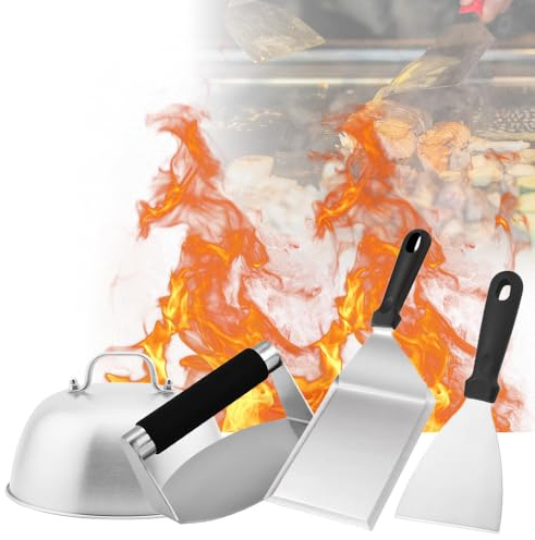 Abiemuce Smash Burger Kit, Set Smash Burger de 6 Pièces INOX - Contient Presse Burger, 2 Spatules, et Cloche à Burger, pour Gril à Gaz, Plaque à Feu, Teppanyaki et Bien Plus Encore