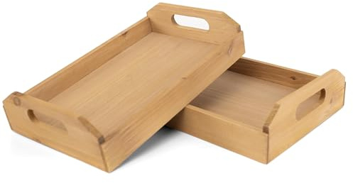 LIN HOME XZ-23277+XZ-23278 Set de 2 Bandejas de Madera Natural Rectangulares con Asas Ahuecadas, Bandejas de Sirvir y Organizar para Cocina, Mesa, Desayuno y Salón