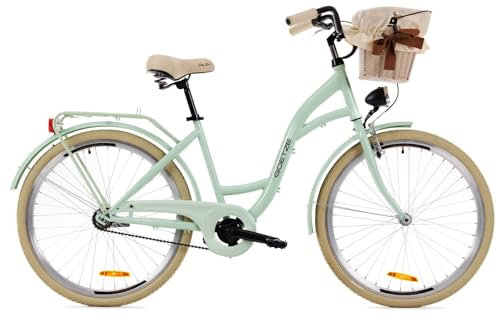 Goetze Style 26 Zoll Damen Citybike, Tiefeinsteiger, 1-Gang, Rücktrittbremse, LED-Beleuchtung, Gepäckträger, Komfortsattel, Schutzbleche, Rattankorb mit Stoffeinsatz, Hollandrad für Stadt & Einkauf!
