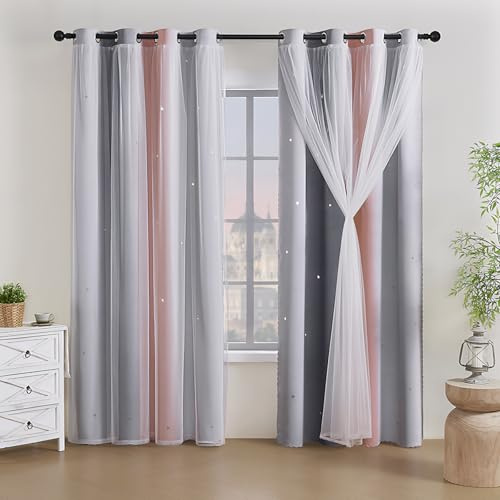 Accmuzzy 2 Panels Blackout Curtains for Bedroom,Double Layer Kids Curtain,Star Window Colorful Rainbow Curtain,Girl children Eyelet Curtains for Bedroom,Living Room,Nursery Room (Grey&Pink, W52×L63)