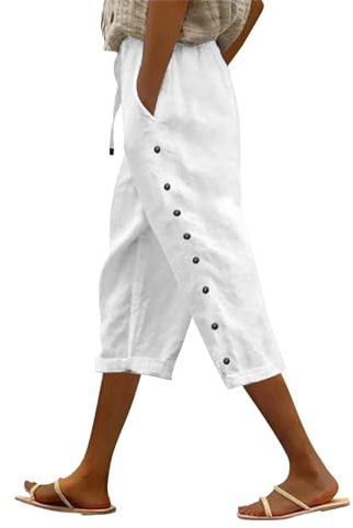 Pantalones de lino para mujer con cordón y cintura elástica, pantalones capri ligeros de verano con bolsillos, pantalones casuales de longitud 3/4, pantalones de playa para mujer