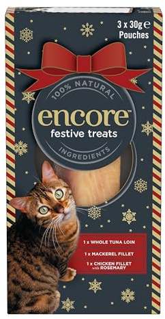 Encore 100% Natural Cat Treat Loins – Festive Variety, Grain Free (Tuna, Mackerel & Chicken with Rosemary) Pack of 3 × 30 g