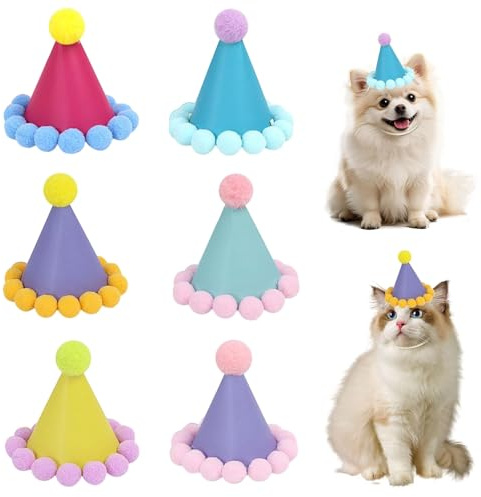 Muorruo 6 Piezas Sombreros de Fiesta para Peluches, Sombreros Mini de Colores con Pompones para Perros Gatos Mascotas, Decoración de Sombrero de Cumpleaños para Muñecas y Pequeños Peluches