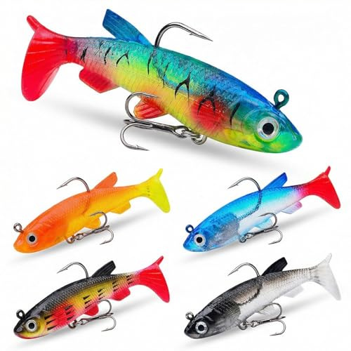 Gykutix 5 Pezzi Esche Artificiali in Silicone Mare Esche da Pesca Morbida Swimbait Artificiale con Ami da Pesca Punte Nuoto Esca Pesca per Spigole Bass Lucci Trote Pesci Carnivori (13,5 g)