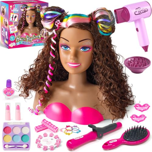 Kids Dolls Head for Hairdressing & Makeup, Pretend Play Hairdresser Toys | Styling Head Doll with Toy Hairdryer Nail Polish Hair Accessories Salon Kit Gifts for Girls 4 5 6 7 8 Years Old