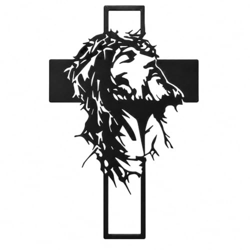 IGNITRON 1 Pcs Metal Wall Art Jesus Cross, Rigid Iron Silhouette Faith Artwork Panel, Minimalist Christian Home Decor for Living Room, Office and Chapel, 20 x 30 cm, Black