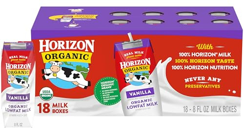 Horizon Organic Shelf Stable 1% Lowfat Vanilla Milk Boxes, Pack of 18 - 8g Protein per Serving