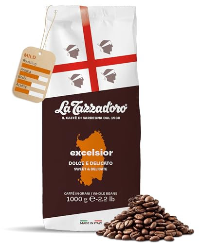 La Tazza D'oro Italian Coffee Beans 1kg (Medium Roast) - Excelsior from the Heart of Sardinia, Finest Whole Coffee Beans for Cafetiere, Moka Pot, Aeropress And Filter Brew - Part of the Kimbo Family