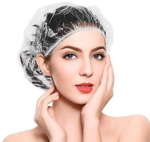 Gorro de Ducha Grande Plastico Transparente Grueso Gorros Desechables para Hogar, Hotel, Spa, Peluquería y Taller 100 Piezas