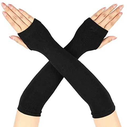 Geyoga Lang Schwarz Fingerlos Handschuhe Armstulpen Ellenbogenlange Winter Thermo Dehnbar Strickhandschuhe mit Daumenloch für Damen