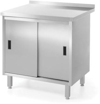 HENDI Arbeitstischschrank mit Schiebetüren, verschweißt, Wandarbeitstisch, Arbeidsplatte, abnehmbare Ablage (nicht verstellbar), Verstellbare Füße, 800x600x(H)850mm, Edelstahl
