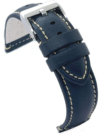 Diloy Bracelet montre en cuir bombé, coutures blanches P354 Bleu Marine 20mm