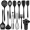 Royouzi 22Pcs Ustensiles de Cuisine, Silicone Ustensiles de Cuisine Kit sans BPA, Kit d'Ustensiles de Bois, avec Pot de Rangement, Noir