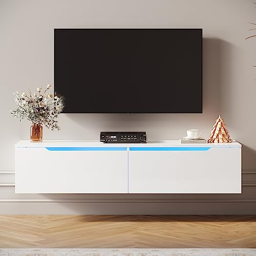 SIRHONA Meuble TV LED, Meuble TV Blanc Laqué éclairage LED avec 16 Couleurs Ajustables, Plateau TV Haute Brillance, Design sans Poignée, pour Le Salon ou La Chambre à Coucher