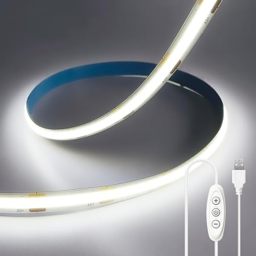 ShineBurky 5V USB COB LED Strip Kaltweiß, 2M LED Streifen Dimmbar CRI93+ LED Band Beleuchtung Lichtband Dimmable Strip Light Flexibel für TV LED Hintergrundbeleuchtung Küche Schlafzimmer Deko
