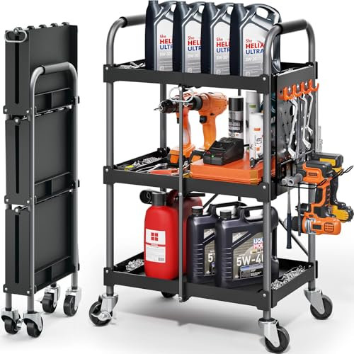 KINGRACK 3-Ebenen servierwagen klappbar mit Rollen ergonomischem Griff, klappbar Allzweck-Dienstwagen mit Organizer-Regal, praktisch für Haushalt, Büro, Garage, Lager Reparaturwerkstatt, schwarz.