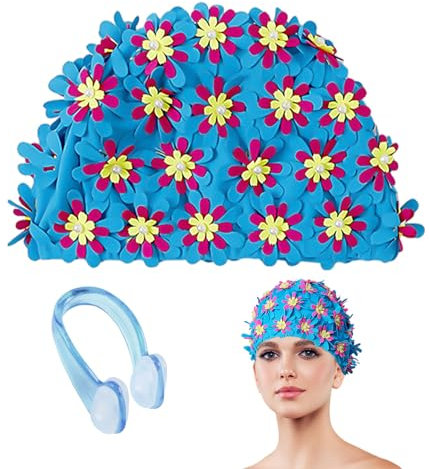 ZGDEIWGF Cuffia da nuoto e clip per naso da donna, simpatici cappucci da bagno vintage con motivo floreale, accessori da nuoto in tessuto e silicone blu, taglia unica, impermeabile e antiscivolo