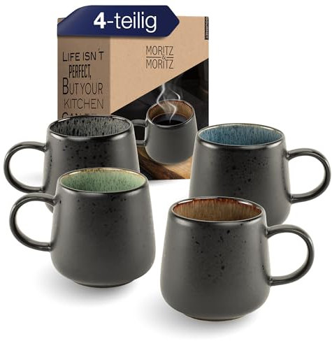 Moritz & Moritz SOLID 4er Tassen Set Bunt - Kaffeebecher Set Außen Schwarz - Robustes Steinzeug - Spülmaschinen- & mikrowellenfest - Perfekt für Kaffee, Tee & mehr