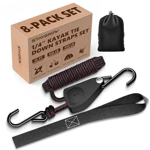 Kayak Straps Tie Downs 8 Pack Set, Roof Rack Straps Adjustable Ratchet Tie Down Straps with Lock S Hooks, 1/4 Inch 12 Feet Ratchet Straps for Small Cargo, Kayak-Soft Loops, Packing, Camping Gear