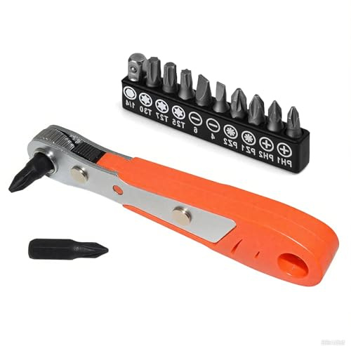 1/4 Inch Drive Mini Ratchet Wrench, Right Angle Angled Screwdriver for Tight Spaces High Torque Reversible Offset Tool with Magnetic Phillips Head, Includes Screwdriver Bits Set