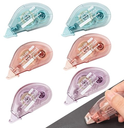 6 Pezzi Colla a Nastro, Colla Stick Striscia, Roller Biadesivo per Carta, Dispenser Trasparente per Scrapbooking, Artigianato, Biglietti, Foto e DIY, Uso Semplice e Preciso 6m x 6mm (Rosa, Viola, Blu)
