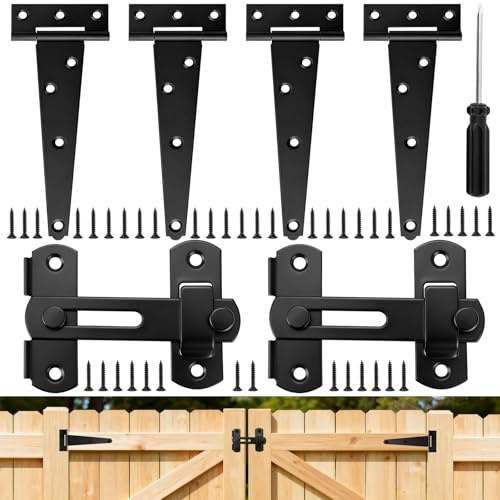 T-Scharniere Schwerlast, 4 Stück 150mm Türscharniere und 2 Türriegel Außen 180° Klappbar mit Schrauben Schraubendreher, Scharniere Klappbar Schwarz für Fenster, Schuppentüren, Gartentüren