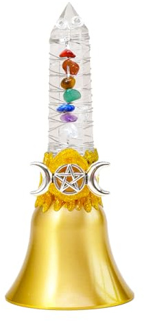 Handbells Altar Bells Natural Amethyst Tower Bell Witch's Bells Hand Bell Loud Brass Call Bells for Meditation, Prayer, Reception, Pet Feeding and Home Decoration (7-Chakras-Clear Quartz, 4.53)