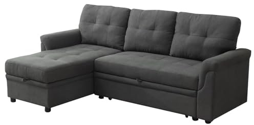 Panana 3 Seater Corner Sofa Bed with Storage, Universal Pull Out SofaBed, Left or Right Side Storage Chaise Couch Sectional Sofa (Grey Linen)