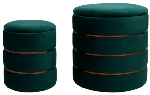 cecaro group Set 2 Pouf Contenitori in Velluto con Coperchio – Eleganti, Resistenti e Ultra Capienti - Sgabello Tondo con Coperchio Rimovibile e Seduta Imbottita (Verde)
