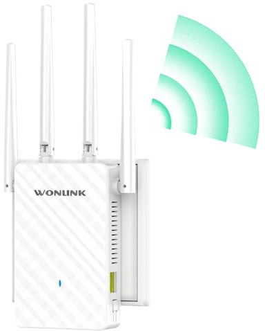 WONLINK WLAN-Verstärker, 1200 Mbps Dual-Band WLAN Repeater mit 4X Antennen, 1x LAN/WLAN-Port, WPS, MU-MIMO, Signalanzeige, 3-in-1 Modus (Repeater/Router/AP) – Ideal für zu Hause & Büro