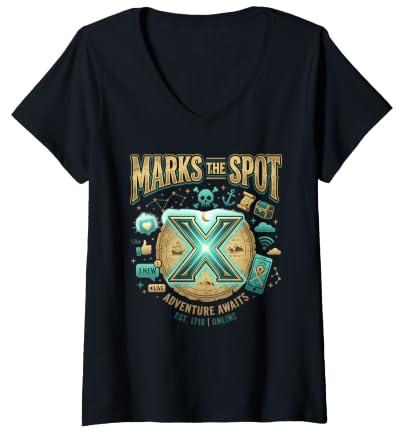 Femme L'Aventure X Marks The Spot Vous Attend, Un trésor numérique Nautique T-Shirt avec Col en V