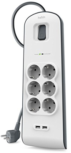 Belkin Regleta de enchufes con 6 tomas y 2 puertos USB-A (2,4 A) con protección contra sobretensiones, 650 julios, ladrón, cable de 2 metros, base múltiple con protección eléctrica, hogar y oficina