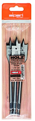 alpen Flachfräsbohrer Holz, 1/4 Zoll Sechskant-Schaft, Durchmesser 16/18/20 mm als 3-teiliger Satz in der Plastiktasche, 23700003100