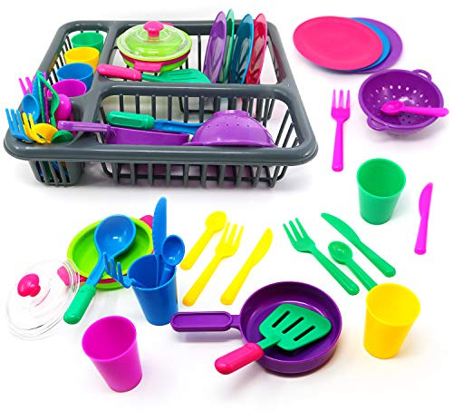 Big Mo’s Toys Pretend Play Dishes Playset – Little Chef Kitchen Set, Kids Cooking Serving Dishes - Play Cups, Pans, Cutlery, Ladle, Tableware, Pots and Dish Drainer, Set of 28