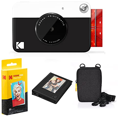 KODAK Printomatic Sofortbildkamera (Schwarz) Paket + Zinkpapier (20 Blätter) Etui + Fotoalbum + Hängerahmen + Bequemer Halsriemen