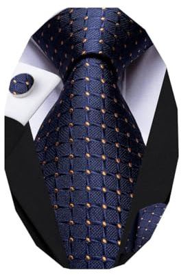 Dubulle Orange Blue Plaid Ties for Men Woven Silk Necktie and Handkerchief Cufflinks Set Wedding Formal Business