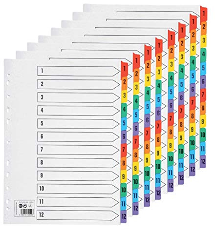 KAHEIGN 10Pcs A4 Dateiteiler Farbig Ordner-Register 1-12 A4-Betreffteiler mit Teilenummer und 11 lochgestanzten, Trennblätter für Ordner perfekt für die Ordner-Organisation im Büro