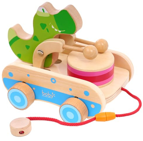 Baby Gift Wooden Toddler Pull Toy, Crocodile Drum Tapping Children's Toy, Baby dragging and Learning to Walk, Rope Traction Rope Crawling for Toddlers Ages 1+