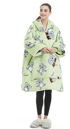 iyoimono Hoodie Decke für Damen Flanell Fleece Pullover Sweatshirt Decke Flauschige Sherpa TV-Decke mit Ärmeln Übergroße Kapuzen Pullover Kuscheldecke Einheitsgröße(Grüner Koala)