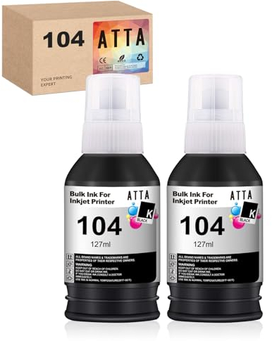 ATTA 104 Black Ink Bottle Replacement for Epson 104 Compatible with Epson EcoTank ET-2710 ET-2720 ET 2711 ET-2712 ET-2714 ET-2715 ET-2810 ET-2721 ET-2726 ET-4700 (2 x 127ml BK)
