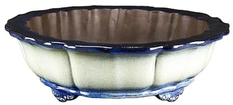Runde Bonsaischale aus blau-weiss glasiertem Steingut 30x30x8,5 cm - TY126b