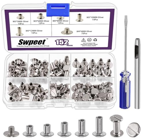 Swpeet 152Pcs M5x5mm, 6mm, 8mm, 10mm, 12mm Silver Screws Leather Rivets Assorted with Hole Punch and Screwdriver, Round Flat Head Stud Screw for DIY Leather Craft and Bookbinding
