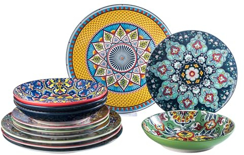 HENXFEN LEAD servizio da tavola in porcellana, servizio da 12 pezzi per 4 persone - Stoviglie colorate composte da 4x piatti da portata, 1x piatto, 4x piatti fondi - Stile bohémien