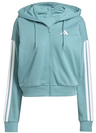 adidas Women's ESSENTIALS 3-STRIPES FRENCH TERRY FULL ZIP HOODIE, powder teal/white, M