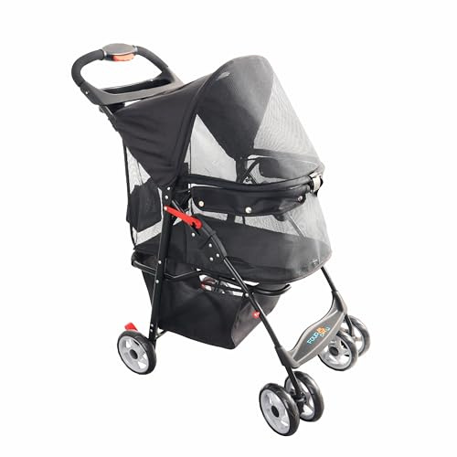 FOURPAW Poussette à fenêtre complète pour animaux domestiques avec boucle, 4 roues pour chats et chiens, avec panier de rangement, porte-gobelet, poussette de voyage pour chiot/chat.