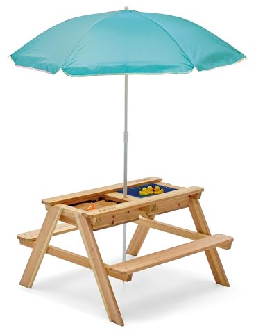 Plum Play Surfside Junior Sand and Water 3 in 1 Activity Play Picnic Table with Sunshade Parasol - Removable Table Top (Teal)