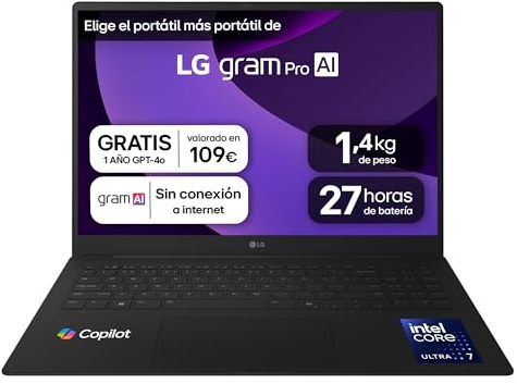 LG gram Pro 16Z90TR-E.AD88B Portátil 16, Windows 11, Intel Core Ultra7 255H, 32GB RAM, 1TB SSD, NVIDIA RTX5050, Pantalla IPS, (2560x1600), 1.360 g, 27 Horas, Negro