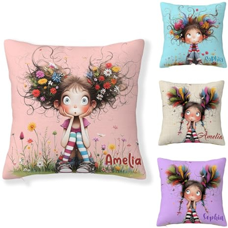 callie Personalized Throw Pillow Covers with Name 12x12,16x16,18x18, Custom 15 Styles Cute Cartoon Quirky Character, Decorative Pillows for Bed, Birthday Gift for Women Kid